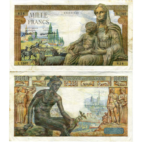 1000 франков 1942 года - Франция (Pick 102 (Богиня Деметра) F-VF