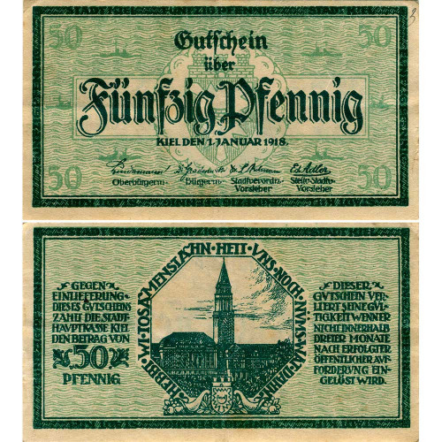 Нотгельд 50 пфеннигов 1918 года - Германия - Kiel (Киль) XF