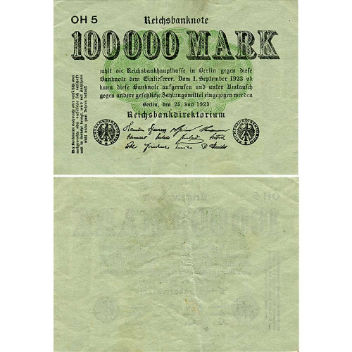 100000 марок 1923 года - Германия (Pick 91a (зеленая бумага) F-VF