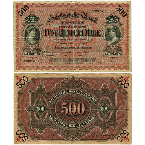 500 марок 1911 года - Саксония (P# S953) G-VG