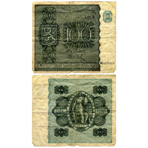 100 марок 1945 года - Финляндия - Литера В (Pick 88) G-VG