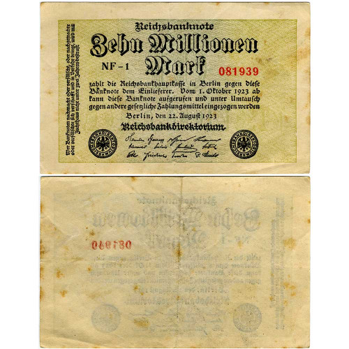10 миллионов марок 1923 года - Веймарская Республика (Pick 106) F-VF