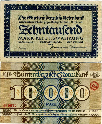 Нотгельд 10000 марок 1923 года - Германия - Württemberg (Вюртемберг) F-VF