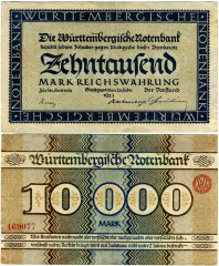 Нотгельд 10000 марок 1923 года - Германия - Württemberg (Вюртемберг) F-VF