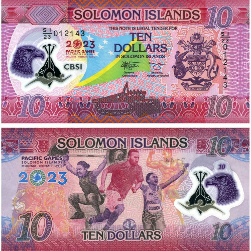 10 долларов 2023 года "Тихоокеанские игры" Соломоновы острова (Pick W39) UNC - пластик