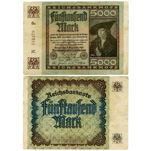 5000 марок 1922 года - Веймарская Республика Германия (Pick 81) G-VG