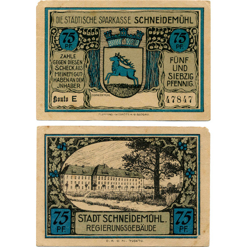 Нотгельд 75 пфеннигов 1921 года - Германия - Schneidemühl (Шнайдемюль) F-VF