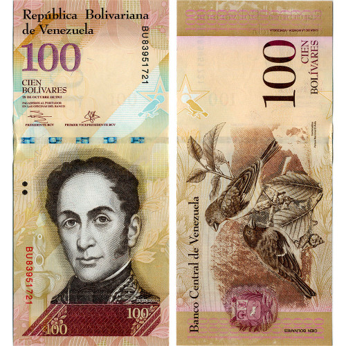 100 боливаров 2013 года - Венесуэла - 29 октября 2013 года - UNC