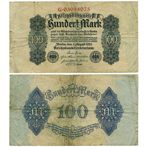 100 марок 1922 года - Веймарская Республика Германия (Pick #75) G