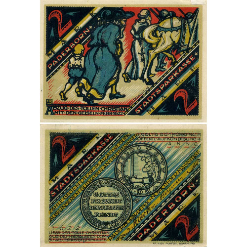 Нотгельд 2 марки 1921 года - Германия - Paderborn (Падерборн) - Вариант 9) XF