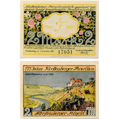 Нотгельд 2 марки 1922 года - Германия Fürstenberg (Фюрстенберг) XF