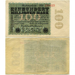 100 миллионов марок 1923 года - Веймарская Республика (Pick 107) F-VF