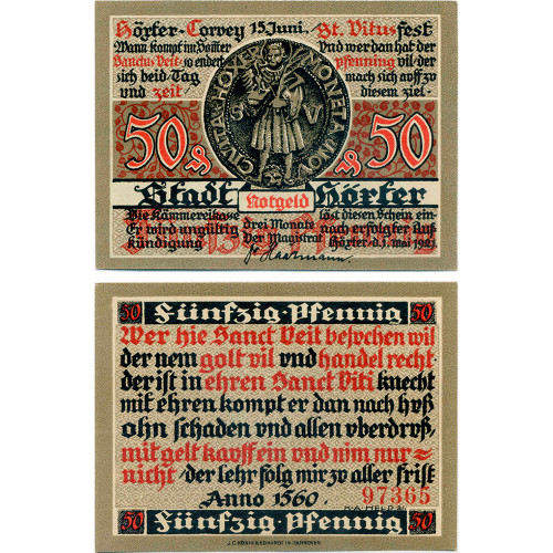 Нотгельд 50 пфеннигов 1921 года - Германия - Höxter (Хёкстер) XF