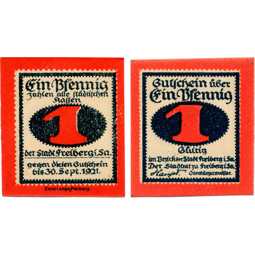 Нотгельд 1 пфенниг 1921 года - Германия Freiberg (Фрайберг) XF