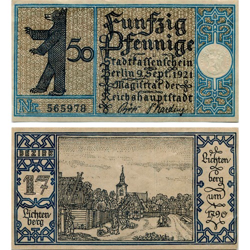 Нотгельд 50 пфеннигов 1921 года - Германия - Berlin (Берлин) №17 Lichtenberg) XF