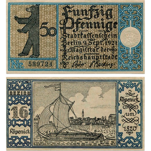 Нотгельд 50 пфеннигов 1921 года - Германия - Berlin (Берлин) №16 Köpenick) XF