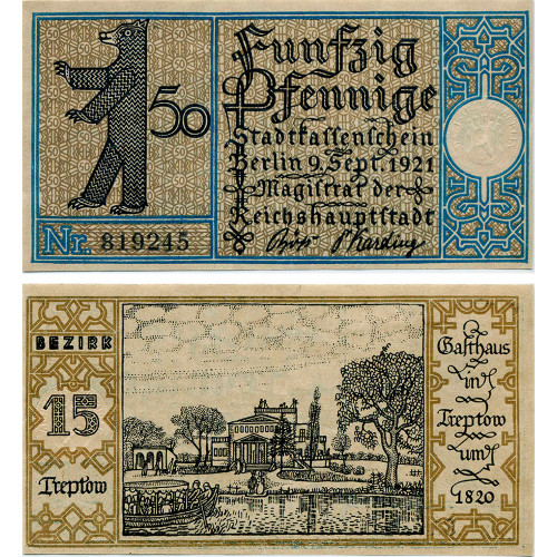 Нотгельд 50 пфеннигов 1921 года - Германия - Berlin (Берлин) №15 Treptow) XF