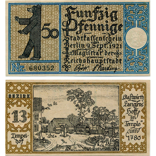Нотгельд 50 пфеннигов 1921 года - Германия - Berlin (Берлин) №13 Tempelhof) XF