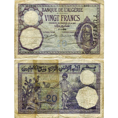 20 франков 1939 года - Тунис (Pick 6b) G-VG