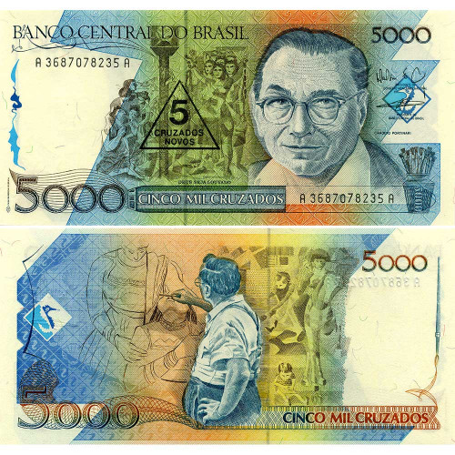 5 новых крузадо на 5000 крузадо 1989 года - Бразилия (Pick 217.b) UNC