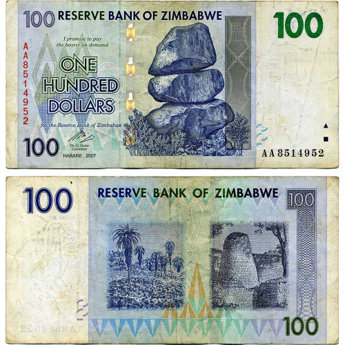 100 долларов 2007 года - Зимбабве (Pick 69) F-VF