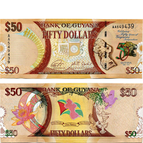 50 долларов 2016 года "50 лет независимости" Гайана (Pick 41) UNC