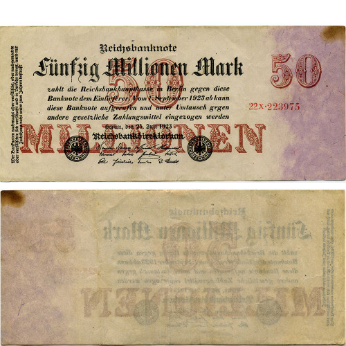 50 миллионов марок 1923 года - Веймарская Республика (Pick 98) F-VF
