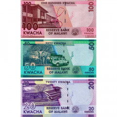 Набор банкнот Малави 20-50-100 квач 2020 года (3 штуки) UNC