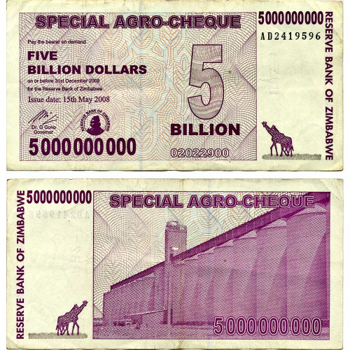 Агро-чек 5 миллиардов долларов 2008 года - Зимбабве (Pick 61) F-VF