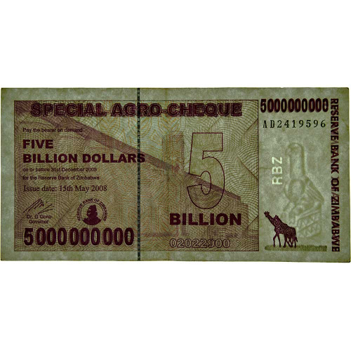 Агро-чек 5 миллиардов долларов 2008 года - Зимбабве (Pick 61) F-VF