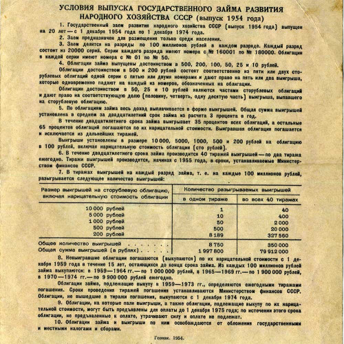 Облигация 10 рублей 1954 года - Развитие народного хозяйства СССР - G-VG