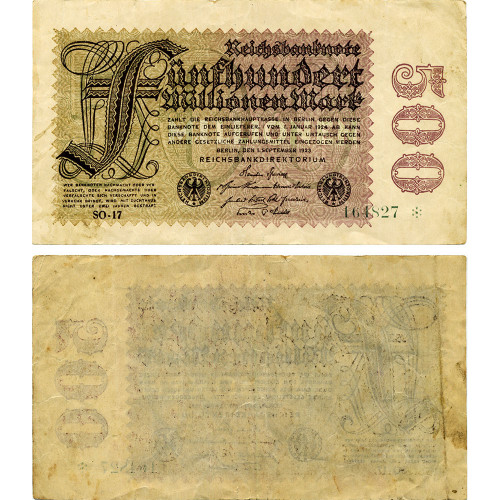 500 миллионов марок 1923 года - Веймарская Республика (Pick 110) F-VF