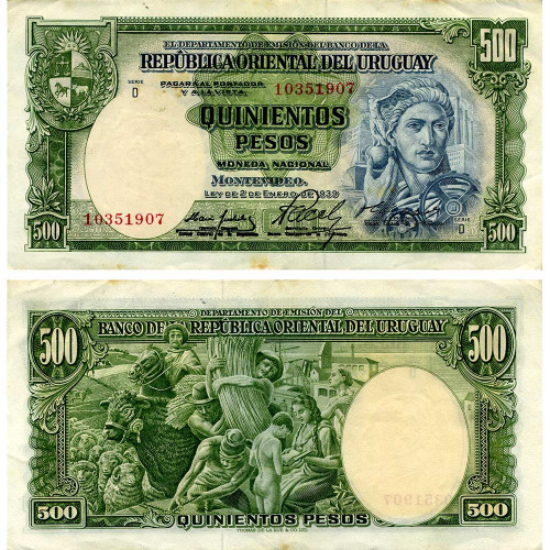 500 песо 1939 (1967) гг. - Уругвай (Pick 44) F-VF