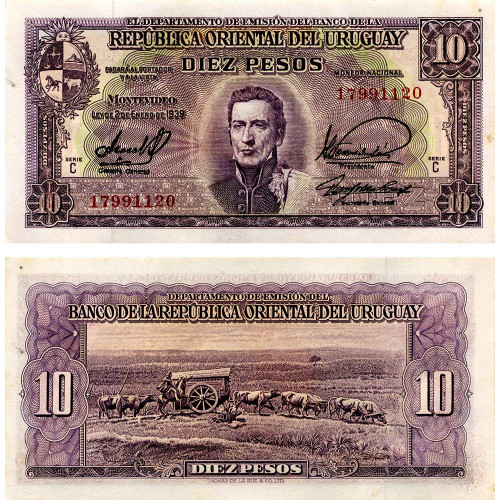 10 песо 1939 года - Уругвай (Pick 37) XF