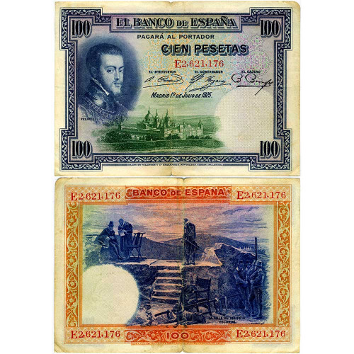 100 песет 1925 года (Выпуск 1936 года) - Испания (Pick 69.c) G-VG