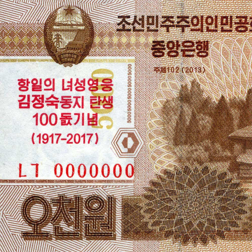 5000 вон 2013 (2017) "100-лет Ким Чен Сук" - Северная Корея (Pick CS20) UNC