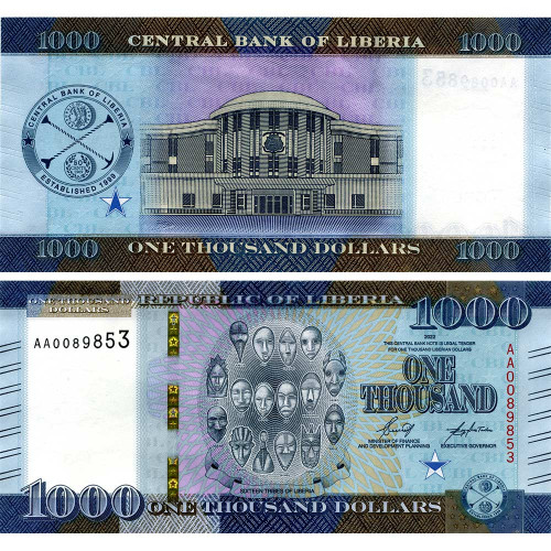 1000 долларов 2022 года - Либерия (Pick W43) UNC