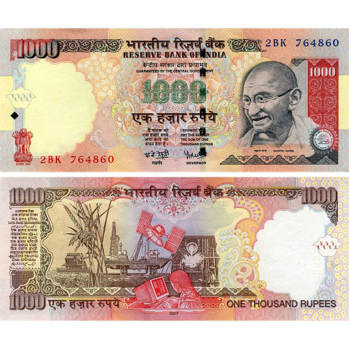 1000 рупий 2007 года - Индия (Pick# 100f) XF (без литеры)