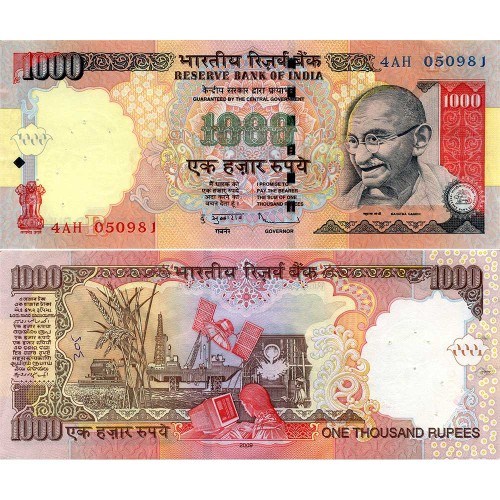1000 рупий 2009 года - Индия (Pick# 100) F-VF (Литера R) - отверстия от скоб