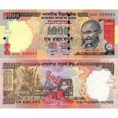 1000 рупий 2009 года - Индия (Pick# 100) F-VF (Литера R) - отверстия от скоб