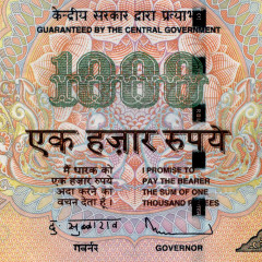 1000 рупий 2009 года - Индия (Pick# 100) F-VF (Литера R) - отверстия от скоб