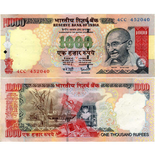 1000 рупий 2006 года - Индия (Pick# 94c) F-VF - отверстия от скоб