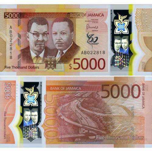 5000 долларов 2022 года - 60 лет независимости - Ямайка (Pick W101) UNC - полимер