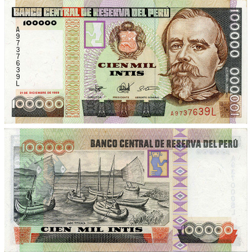 100000 инти 1989 года - Перу (Pick 145) UNC