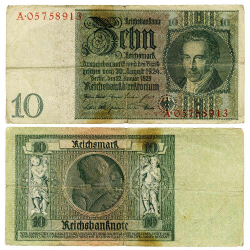 10 рейхсмарок 1929 (1945) года - Германия (Pick 180.b) G-VG